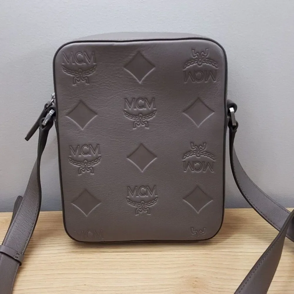 MCM Mini Klassik Taupe Tan Grey Leather Monogram Crossbody Bag $830 Authentic